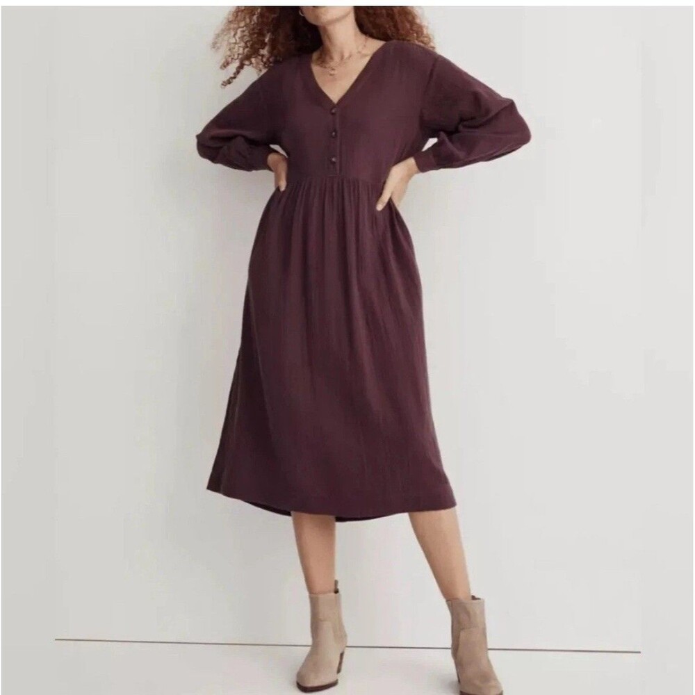 Madewell Dress Size 10 Burgundy Lightspun Button-Front Midi Dress Boho Indie